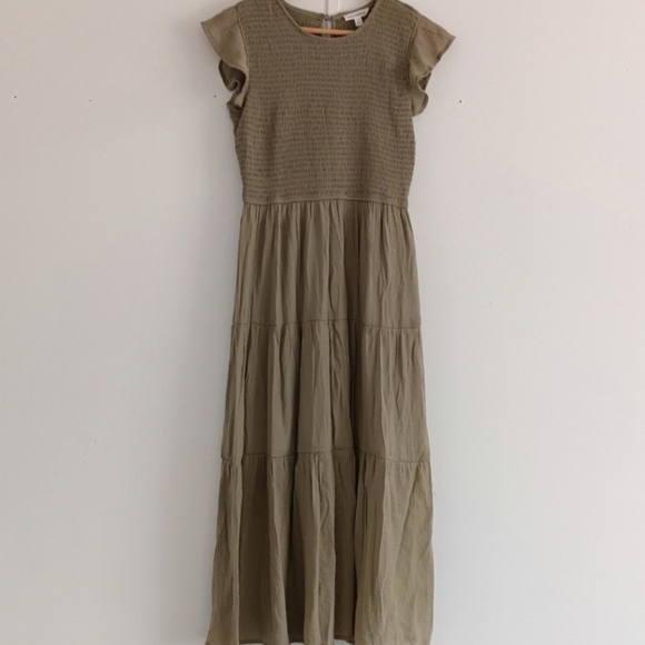 [ Roolee Boho Minimalist Modest Light Olive Green Smocked Ruffled Midi Dress ] - Picture 10 of 15